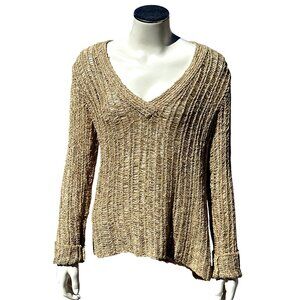 Chicos Open Weave Knit Sweater Boho Loose Fit V Neck Beige Lightweight Pullover